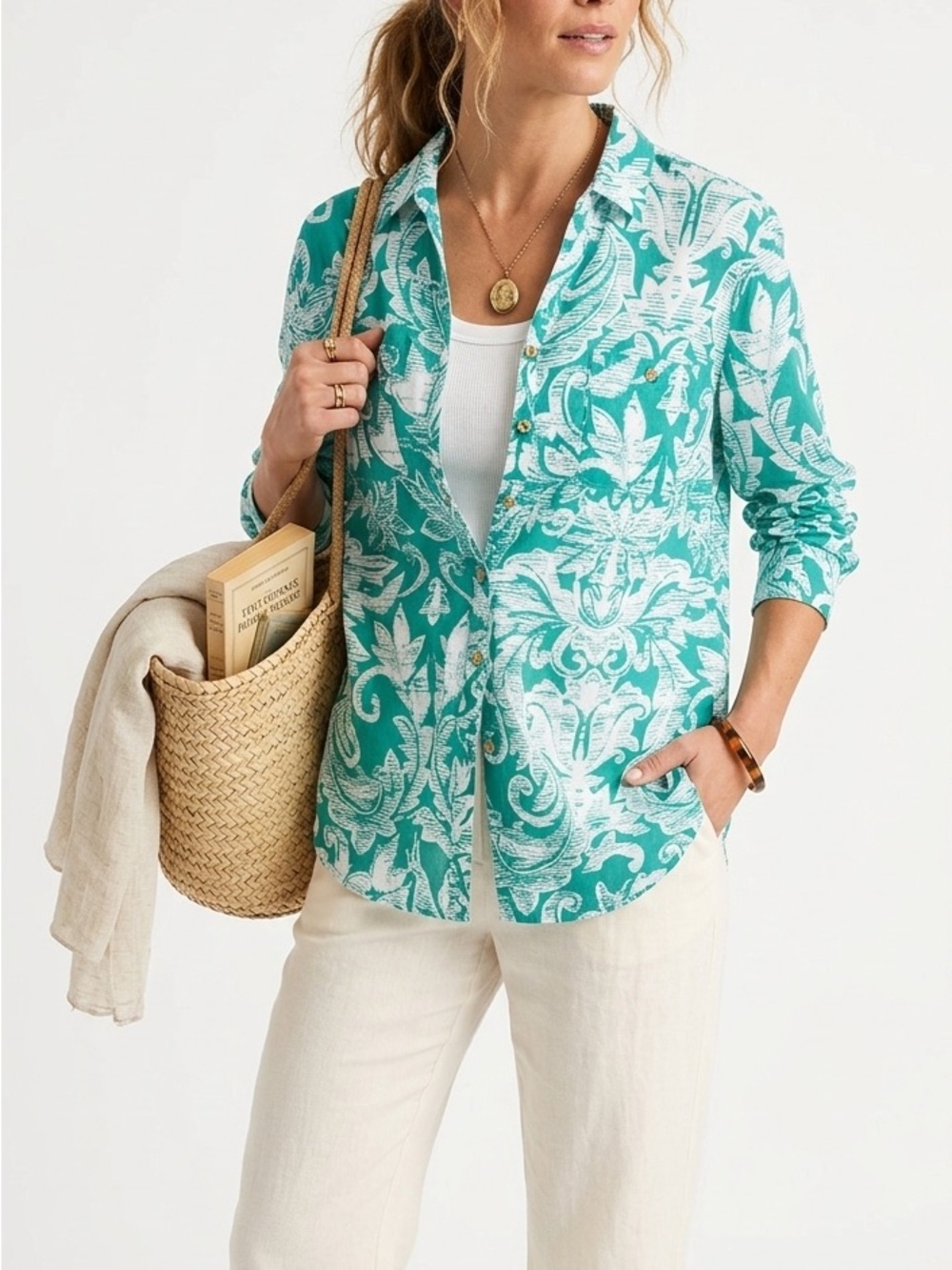 Dana Buchman Tropical Damask Button Down Blouse M 100% Cotton